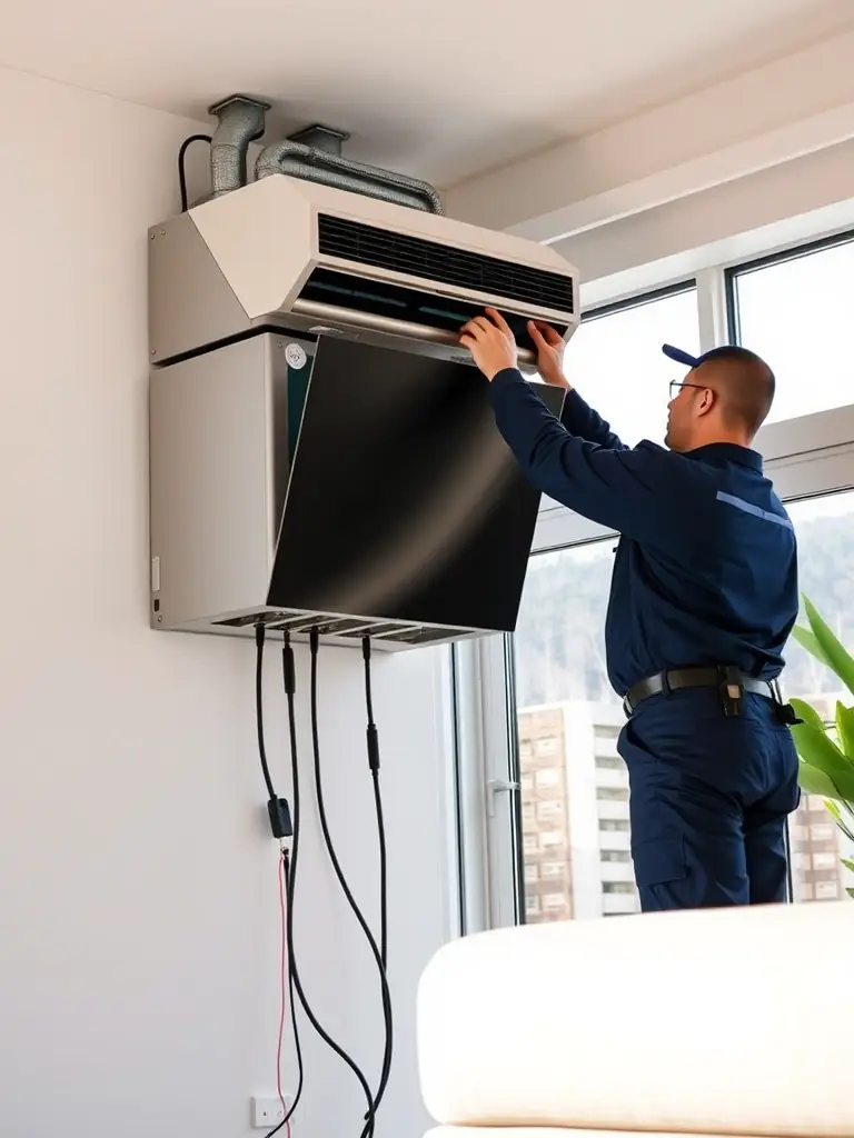 A technician expertly installing a ductless heat pump unit in a modern living room, showcasing the clean and efficient installation process.