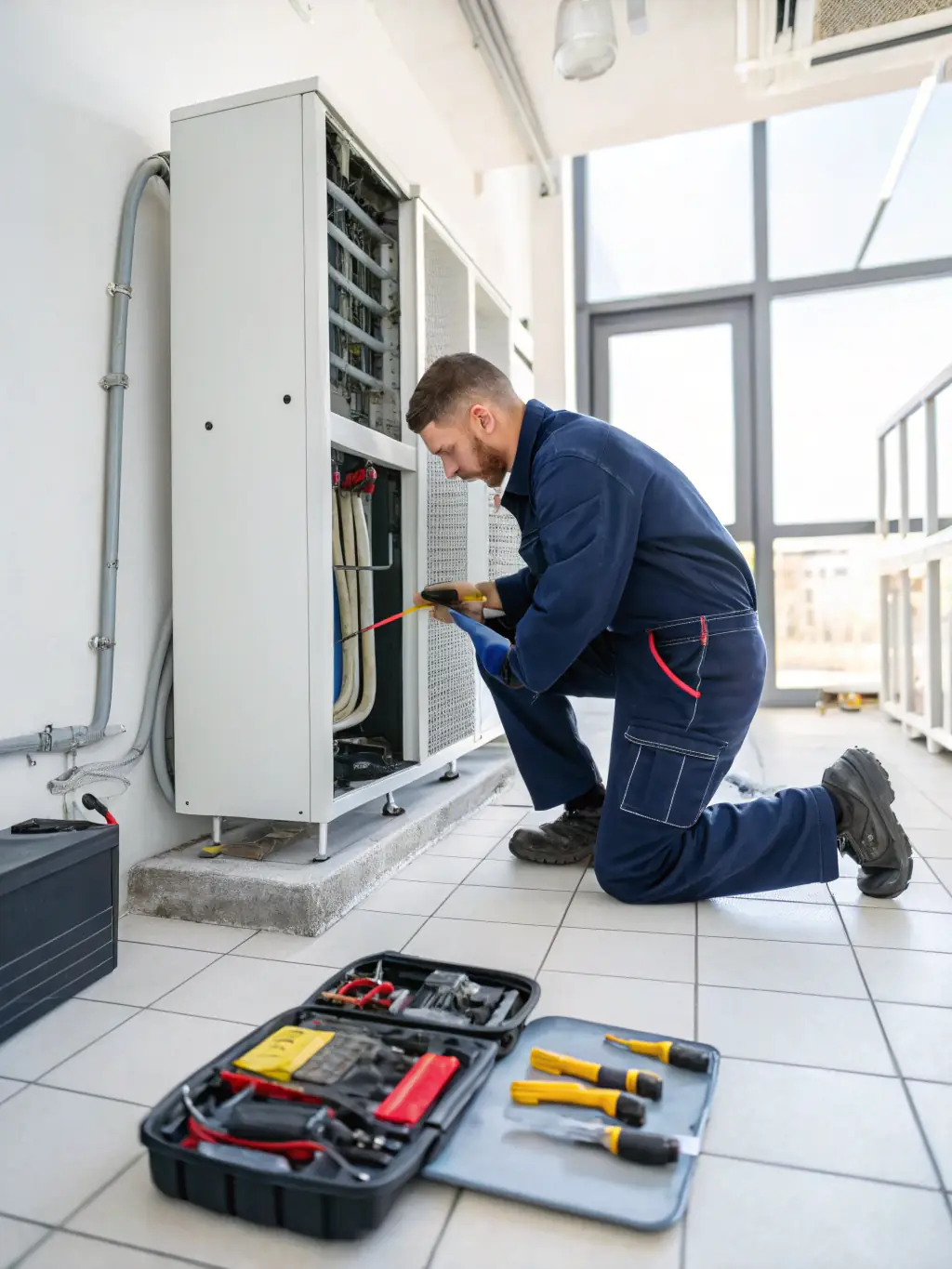 A technician from Toronto Heating and Cooling Ltd diagnosing a ductless heat pump unit with diagnostic tools, emphasizing their expertise in identifying and resolving issues.
