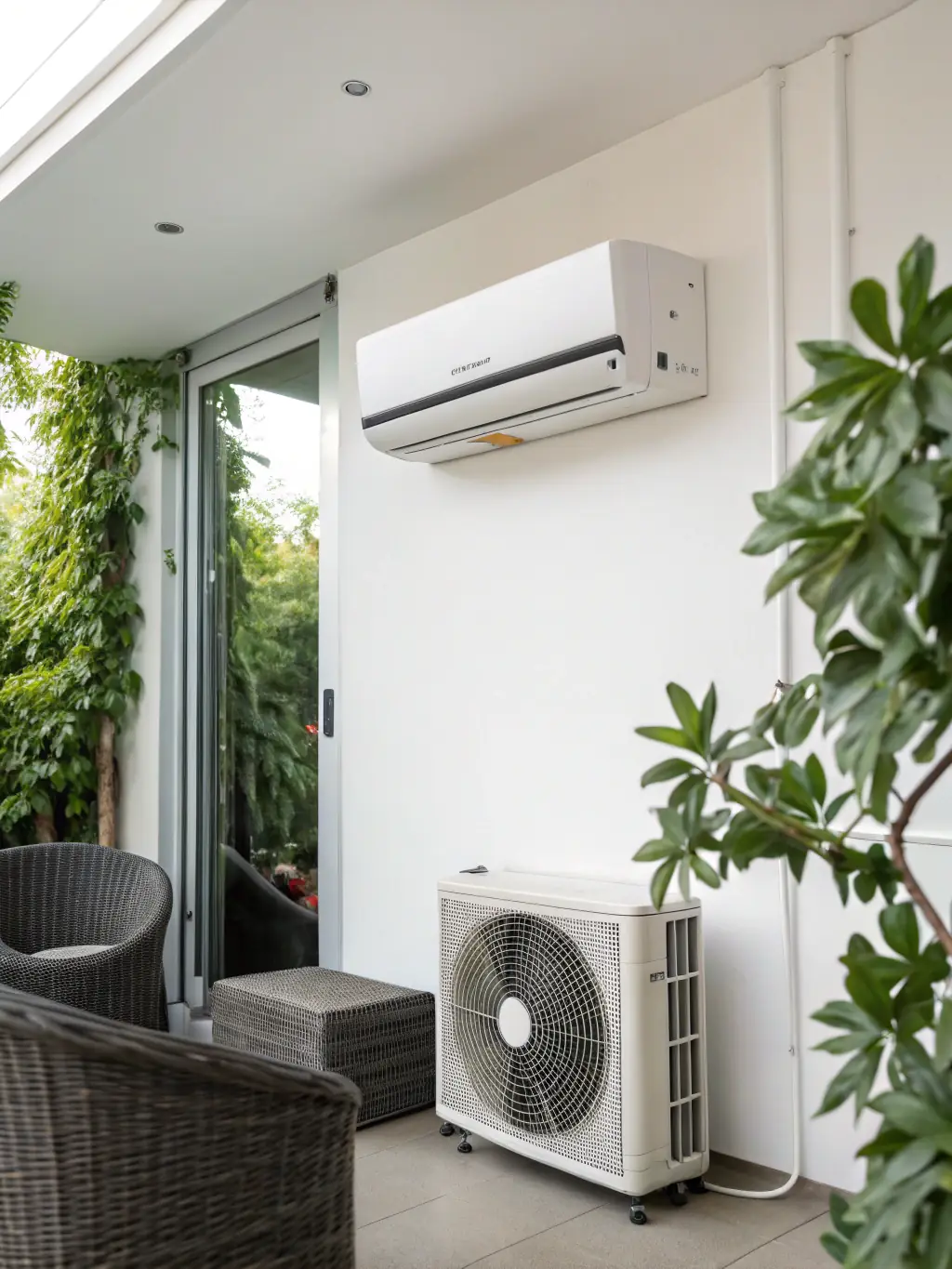 A split-system ductless heat pump showcasing both the indoor and outdoor units, emphasizing the compact design and energy-efficient technology.