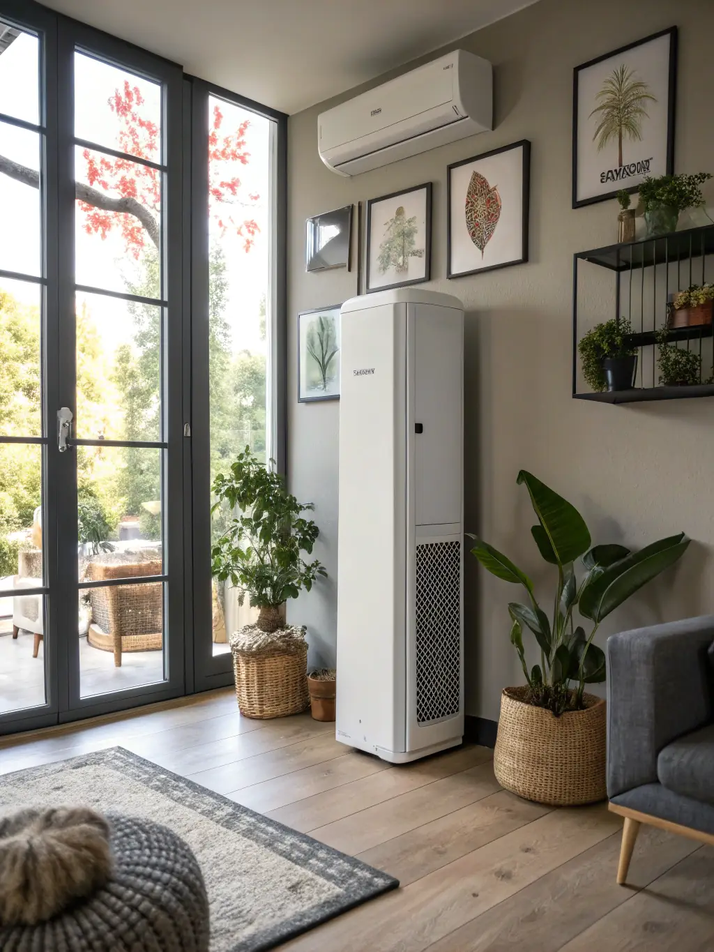 A modern living room featuring a sleek, wall-mounted ductless heat pump unit, emphasizing its aesthetic appeal and quiet operation.