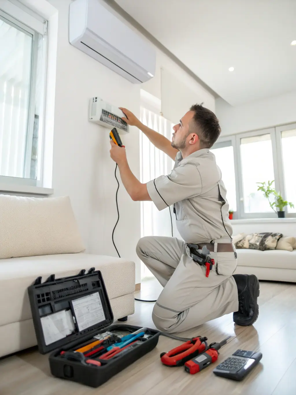 A technician diagnosing and repairing a ductless heat pump unit, emphasizing the company's reliable repair services.