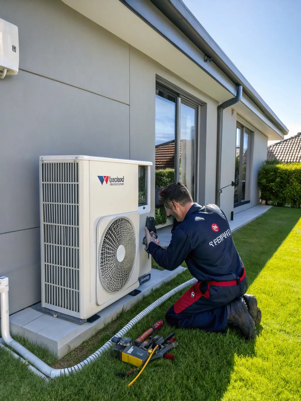 A ductless heat pump unit being expertly installed on a home's exterior wall by a certified technician from Toronto Heating and Cooling Ltd, showcasing the clean and professional installation process.